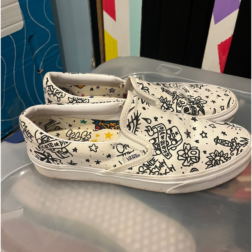 Vans White Slip-On Sneakers with Black Tattoo-Style Print - Picture 3 of 3